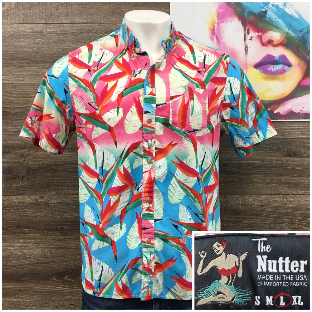 Chubbies The Nutter Mens L Tropical Bird of Paradise Hawaiian Shirt Pink‎ Blue